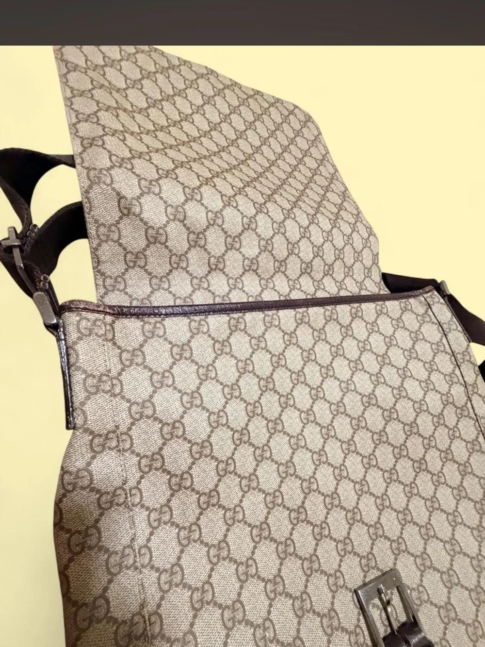 Gucci Beige & Brown GG Monogram Messenger Bag with Front Zip